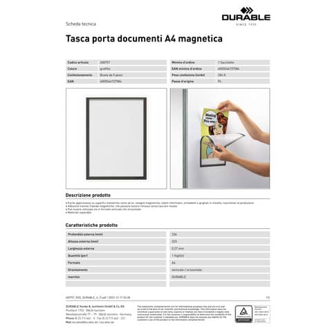 Tasca porta documenti magnetica Durable formato A4 grigio antracite in conf. 5 pz - 4007-58